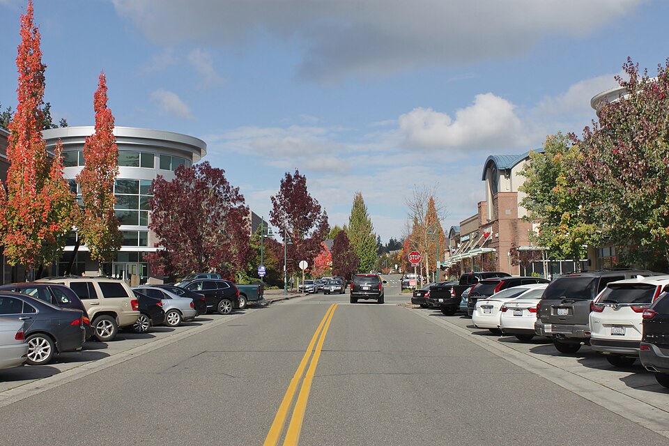 Tree-lined Main Street through Mill Creek Town Center
