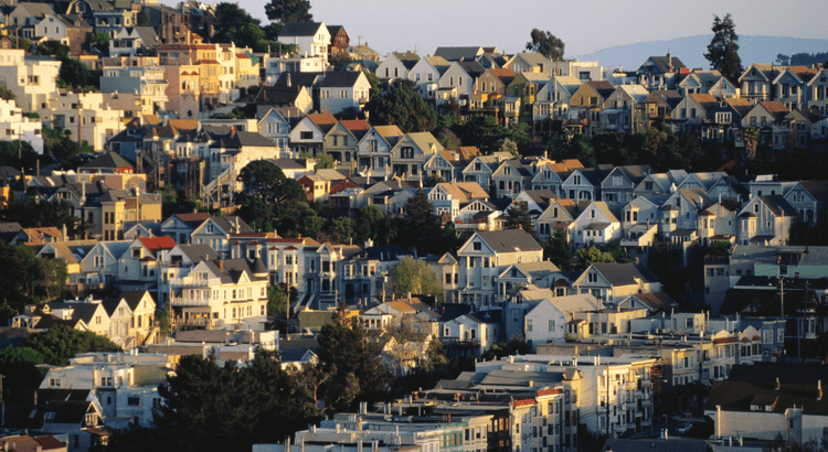 A hillside neighborhood filled with a variety of homes